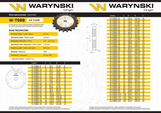 Koło zębate hartowane tarcza 08B-1 (R1 1/2) Z-32 Waryński-26331