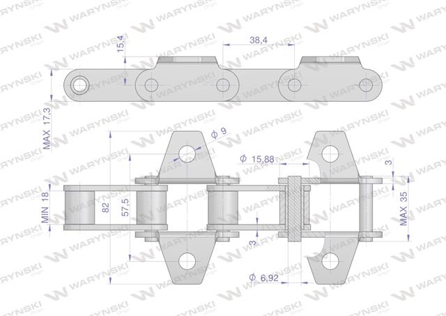 Łańcuch podajnika pochyłego 38.4V łapka K1 co 2 ogniwo 3.5m Waryński-21821